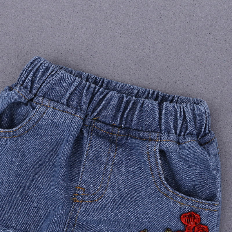 Girls fashion creative pure white openwork lace sling sleeves shirt rose embroidered denim pants suits