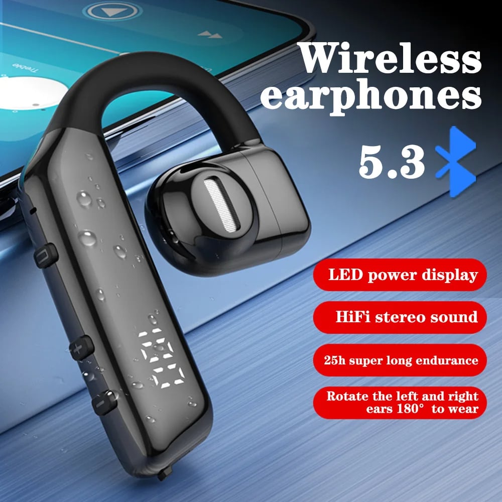 Single Ear-hook Wireless Bluetooth 5.3 Earphone Smart Noise Reduction HiFi Stereo Business Headphone Built-in HD Microphone