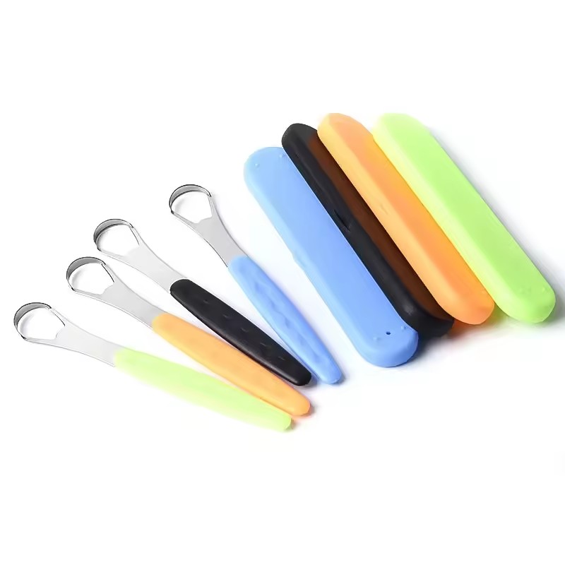 Portable Tongue Cleaner, Tongue Scraper, Stainless Steel Reusable Mouthbrush, Travel Case, Anti-Slip Handle