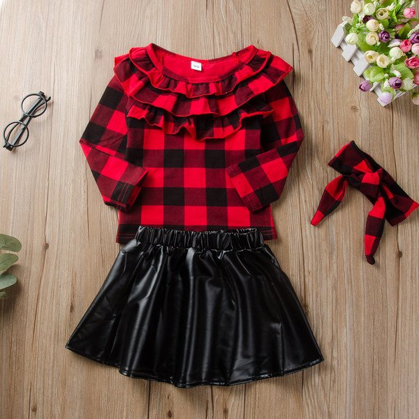 Toddler Kids Baby Girls Long Sleeve Grids Ruffle Tops+ PU Skirt+Headband Set Outfits Clothes 3PCS
