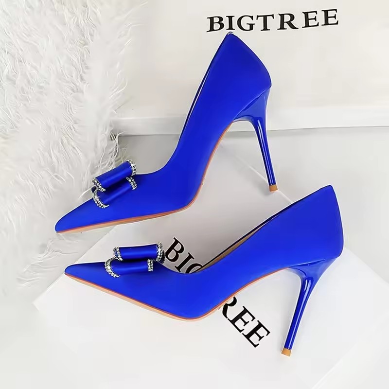 BIGTREE New Fashion Women Dress Shoes 10cm High Heels Shallow Pointed Toe Crystal Butterfly Knots Lady Red Silk Shoes Size 34-40