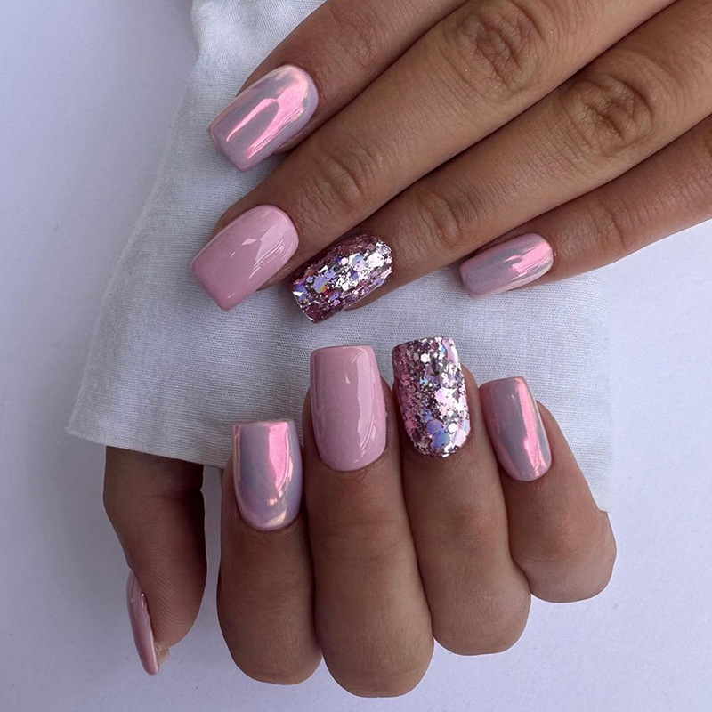 24pcs False Nail Full Cover Fake Nail Elegant Pink Gradient Glitter French Short Nails Coffin Middle False Nail Press On Nails