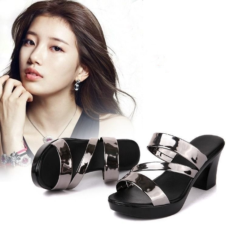 Summer Women's Fashion High Heel Platform Cool Slippers Thick Heel Bright Leather Fish Mouth Sandals