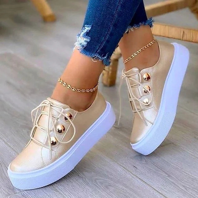 Women's Sneakers Plus Size White Studs Flat Heel Round Toe Outdoor Walking Shoes PU Leather Lace Up Shoes