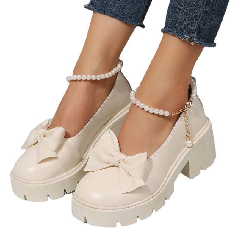 Foreign Trade Women's Shoes Spring New Round Head Elevated Thick Sole Mary Jane Shoes Pearl Buckle Japanese JK Small Leather Sho