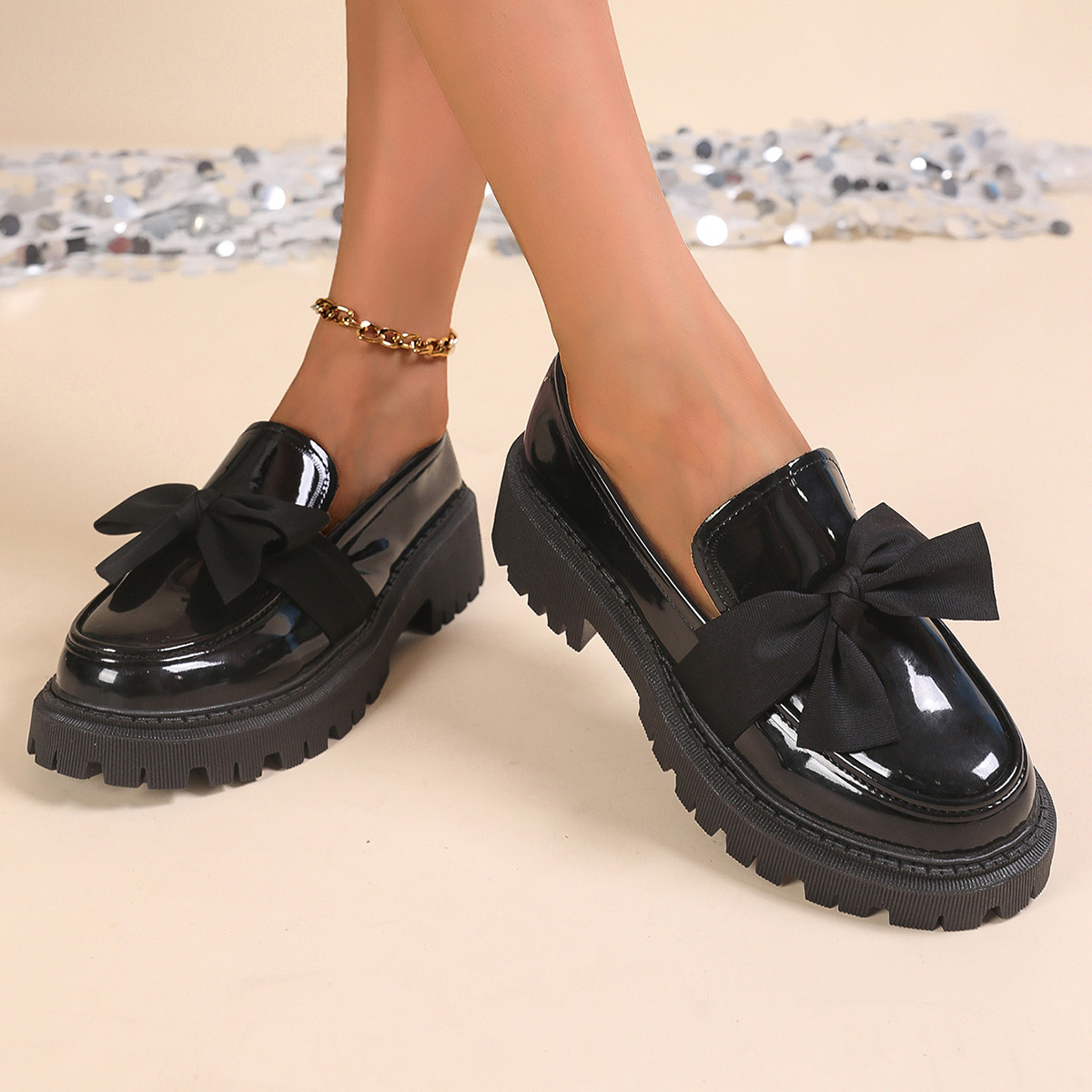 New Le Fu Shoes Women's Bow Thick soled Small Leather Shoes Single Shoes