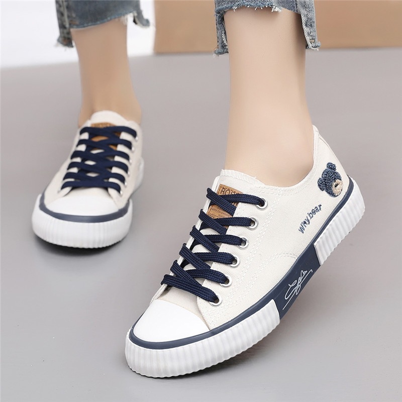 Women's Color-block Lace-up Canvas Shoes Cute Bear Pattern Flat Casual Shoes