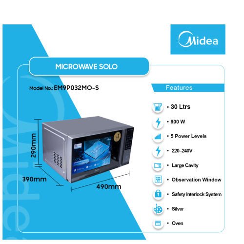 MIDEA EM9P032MO-S 30L SOLO MICROWAVE SILVER