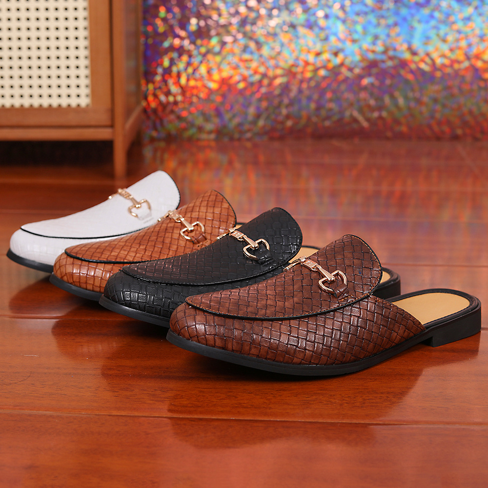 Classics New Men's Half Slippers Metal Button Patent Leather Shoes Male Casual Mules Breathable Loafers