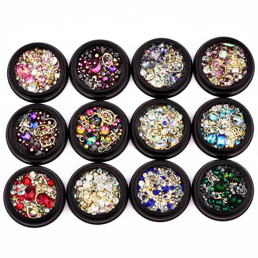 4cm Nail Art Jewelry Black Boxed Symphony Tip Diamond + Flat Drill + Elf Bead + Gem Circle Mix