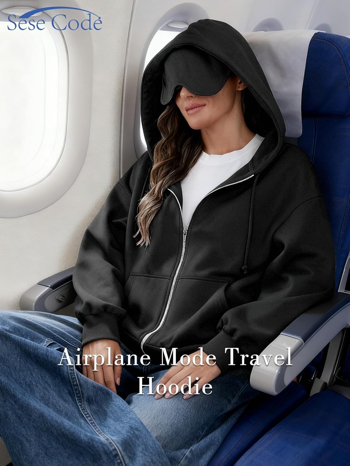 SeSe Code Unisex Zip Up Hoodie With Eye Mask Airplane Mode Travel Hoodies Oversized Sweatshirt Fleece Jacket