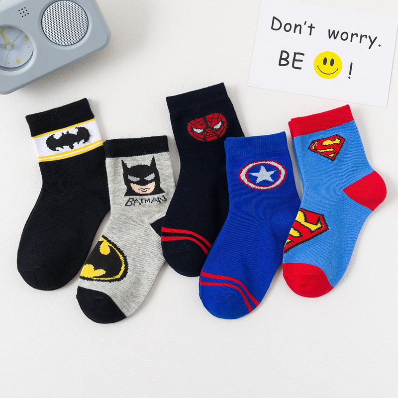 5 pairs of bat spider-man boy socks spring, autumn and summer children's socks boy big boy baby cotton socks thin cartoon