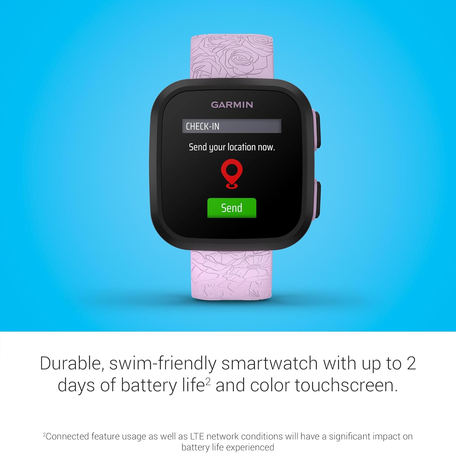 Garmin Bounce™, Kids Smartwatch, Two-Way Text and Voice Messaging, Location Tracking, Lilac Floral