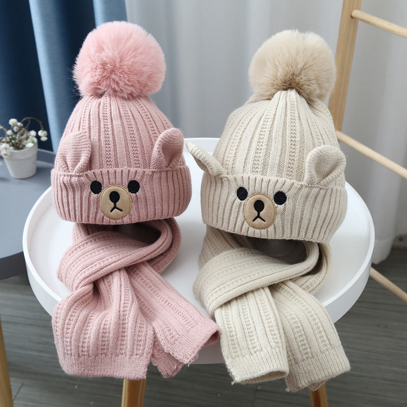 Children's hat scarf set boys and girls baby wool hat plus velvet warm toddler pullover knitted hat Korean version cute