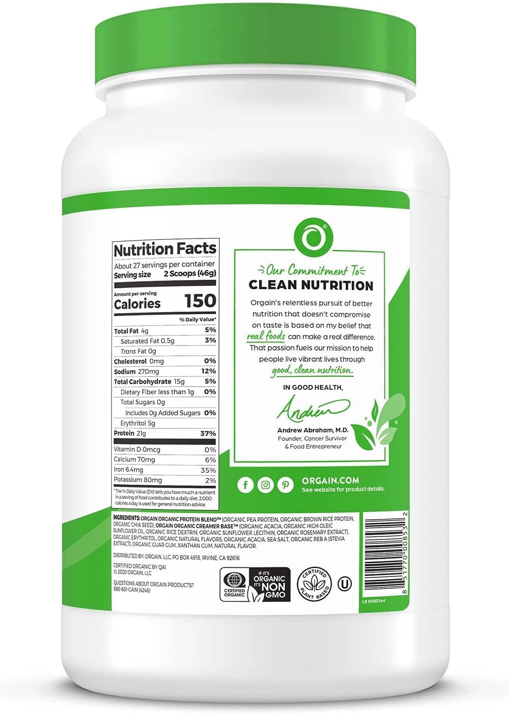 Orgain Organic Plant Based Protein Powder, Vanilla Bean, 2.74 lb
