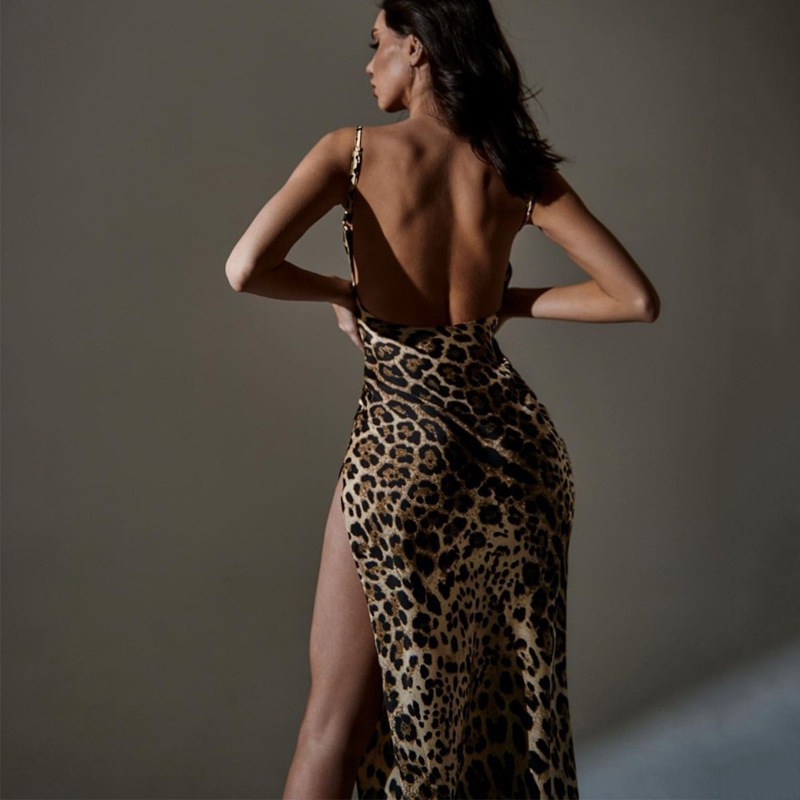 Hugcitar Leopard Print Swing Collar Sleeveless Sexy Maxi Slit Prom Dress Summer Women Fashion Y2K Clothes Party Beach Vacation