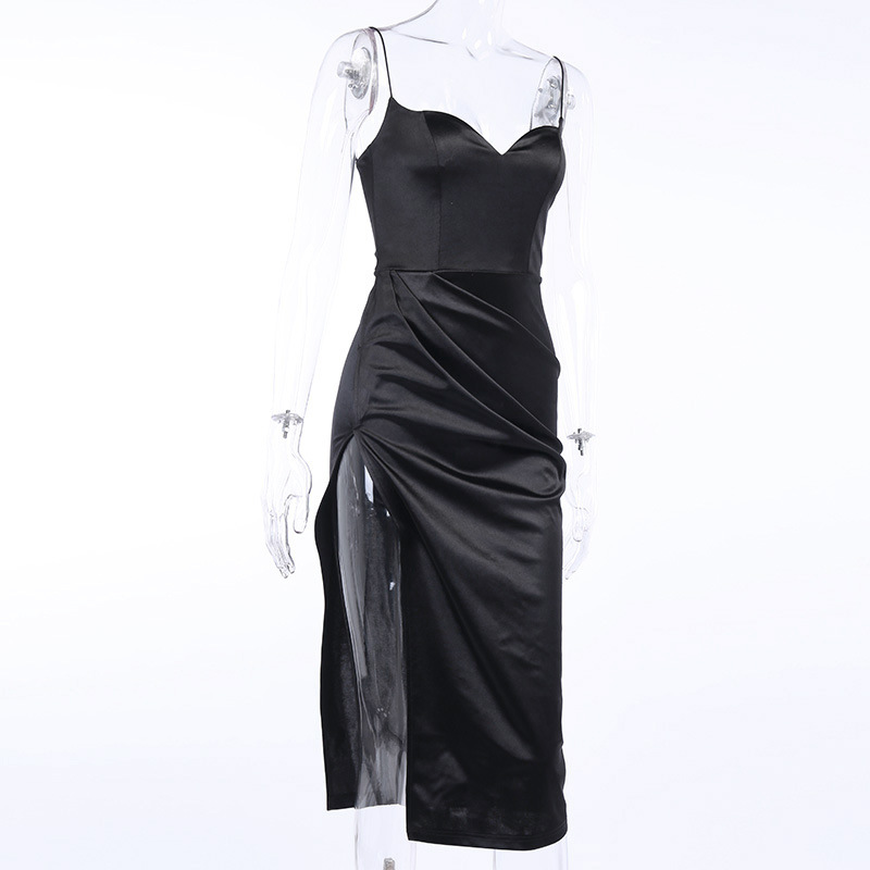 1313 Spaghetti Straps Black Sexy Backless Midi Dresses Gown Party Club Sleeveless Bodycon Split Dress Vestidos Solid