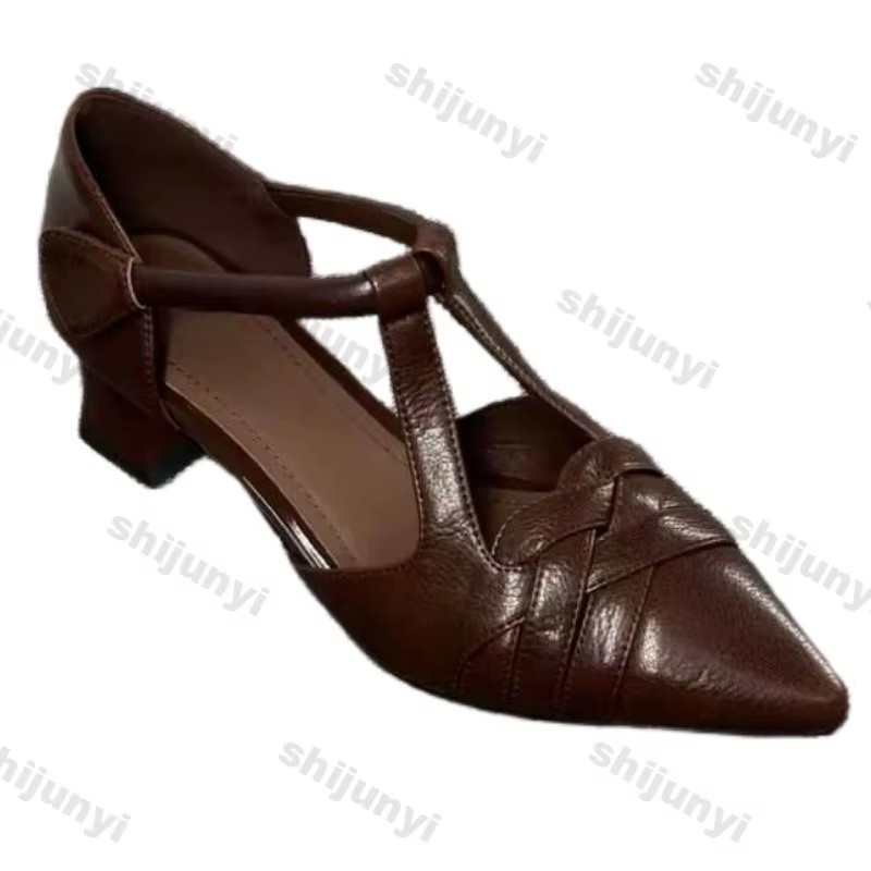 Women's Mary Jane Shoes 2026 Spring Summer New Square Heel Medium Heel Shallow High Heels Retro Pointed Toe Heeled Sandals