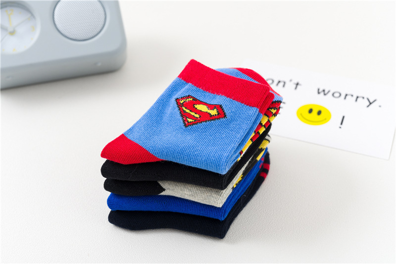 5 pairs of bat spider-man boy socks spring, autumn and summer children's socks boy big boy baby cotton socks thin cartoon