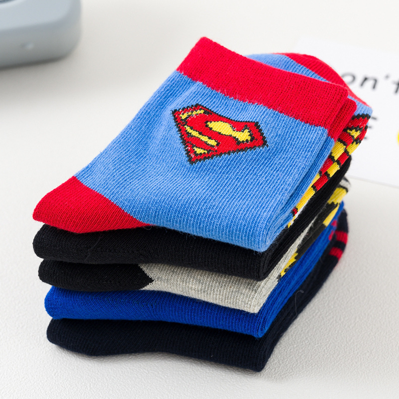 5 pairs of bat spider-man boy socks spring, autumn and summer children's socks boy big boy baby cotton socks thin cartoon