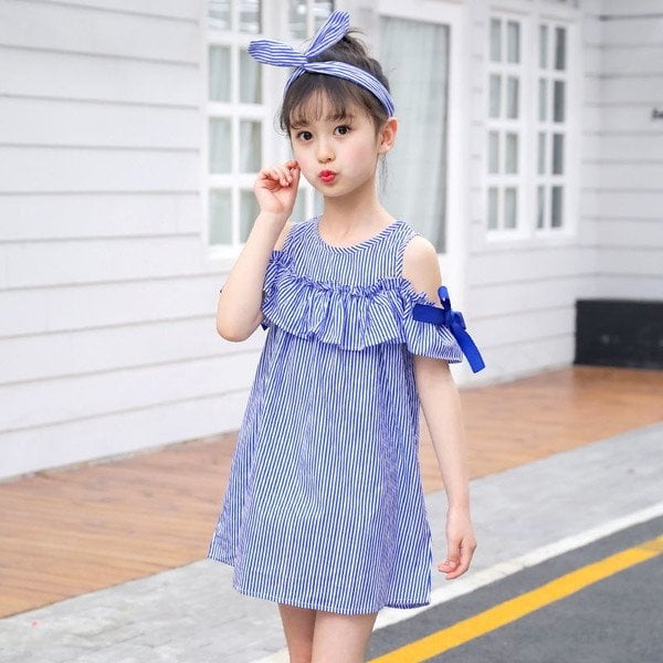 New Summer Dress Toddler Kids Baby Girls Lovely Birthday Clothes Blue Striped Off-shoulder Ruffles Party Gown Dresses
