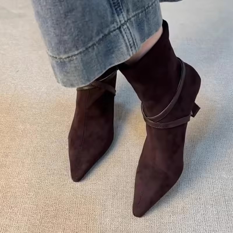 High Heel Back Zipper Women's Scrub Belt Buckle Pointed Toe Temperament Booties Vintage Slim Follower Single Boots