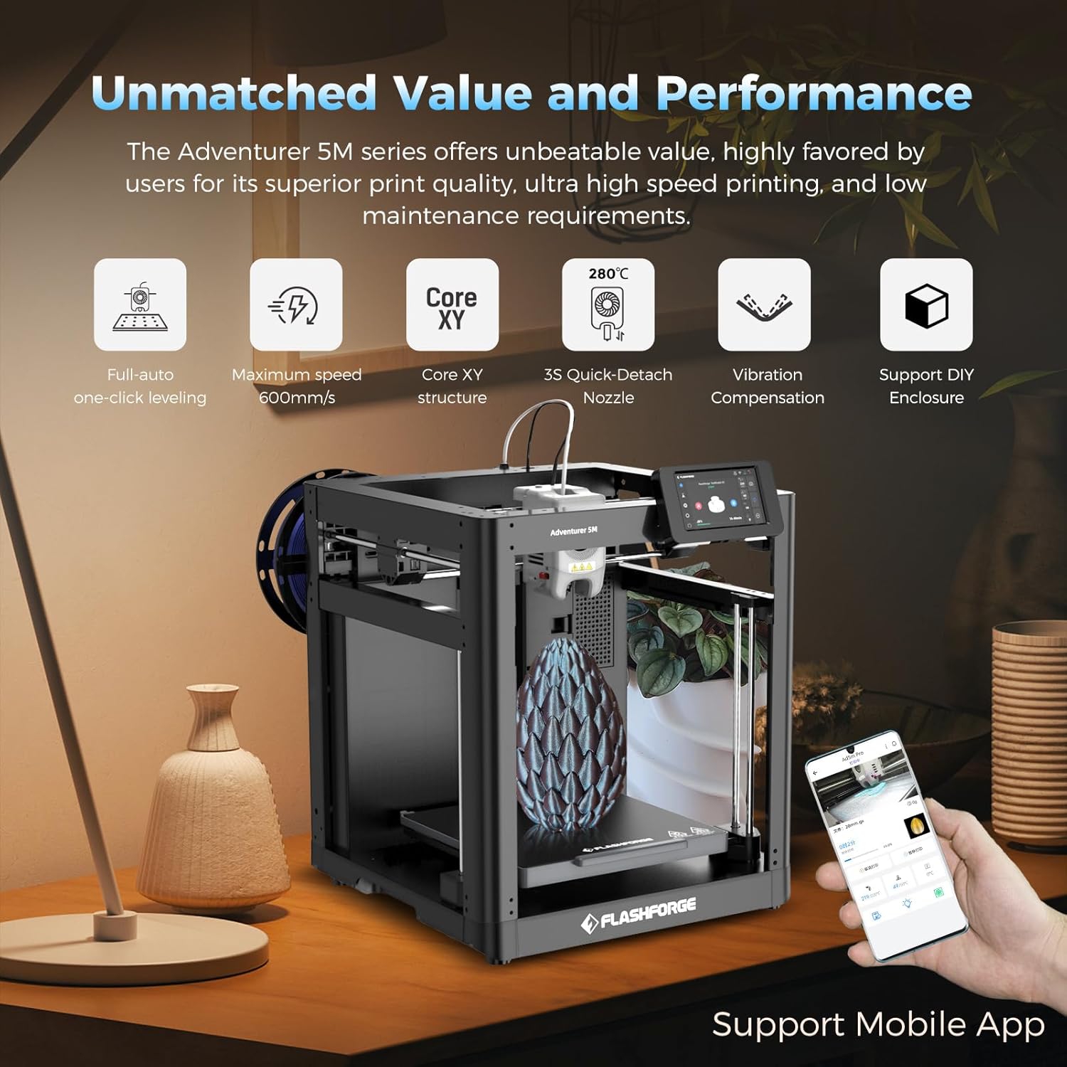 FLASHFORGE Adventurer 5M 3D Printer with Fully Auto Leveling, Max 600mm/s High Speed Printing, 280°C Direct Extruder with 3S Detachable Nozzle, CoreXY