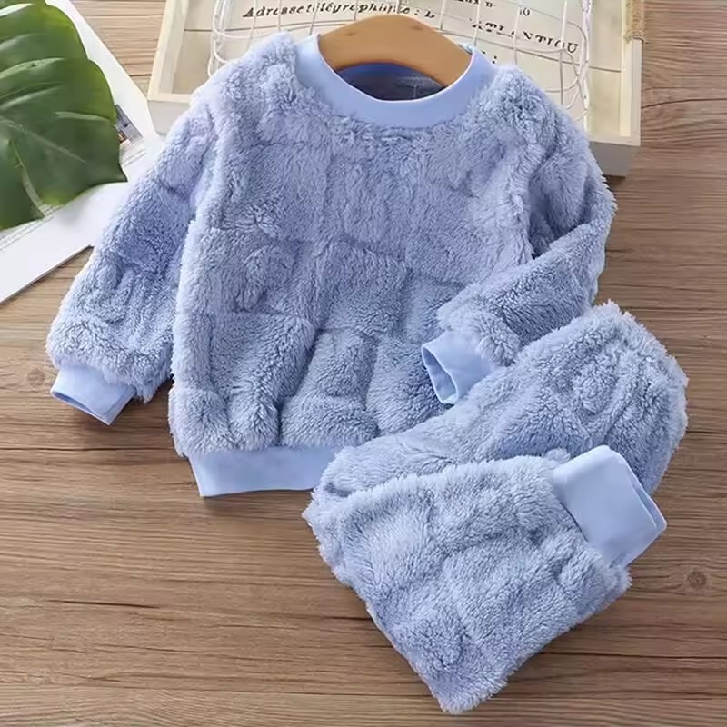 1pc Children's Autumn/Winter French Pajama Set Korean Edition Boys' Velvet Thick Home Clothes Girls' Warm Underwear Set
