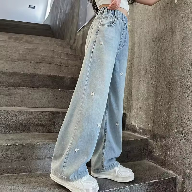 Summer girls' fashionable loose solid color love jeans casual pants wide leg pants 2025