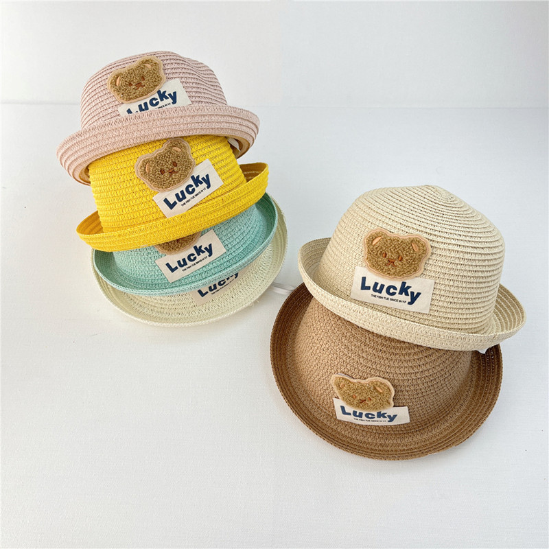 Spring and Summer Sunscreen Children's Straw Hat Boys and Girls Cartoon Little Bear Sunshade Hat Bag Set Princess Beach Hat