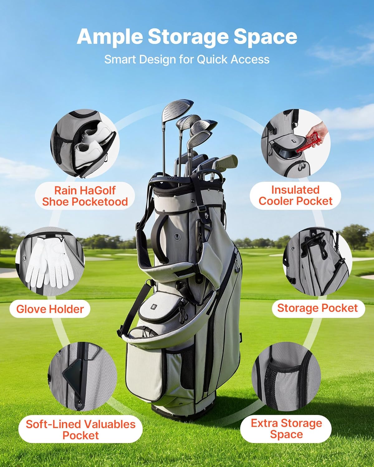 VEVOR Golf Cart Bag, 15/14/7 Way Top Divider Organizer, 2-in-1 Golf Club Bag with Full-Length Divider, Dual Shoulder Straps, Support Legs, Rain Hood,