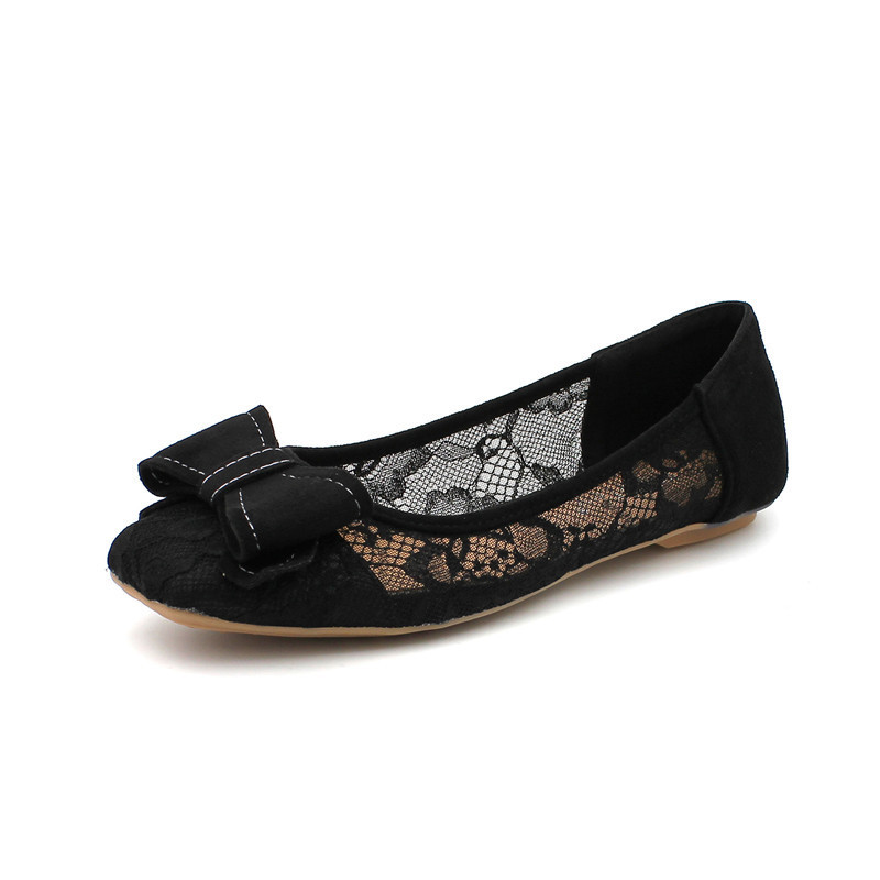 Korean version of all-match square toe shallow mouth lace mesh breathable scoop shoes women's black soft sole flat heel shoes