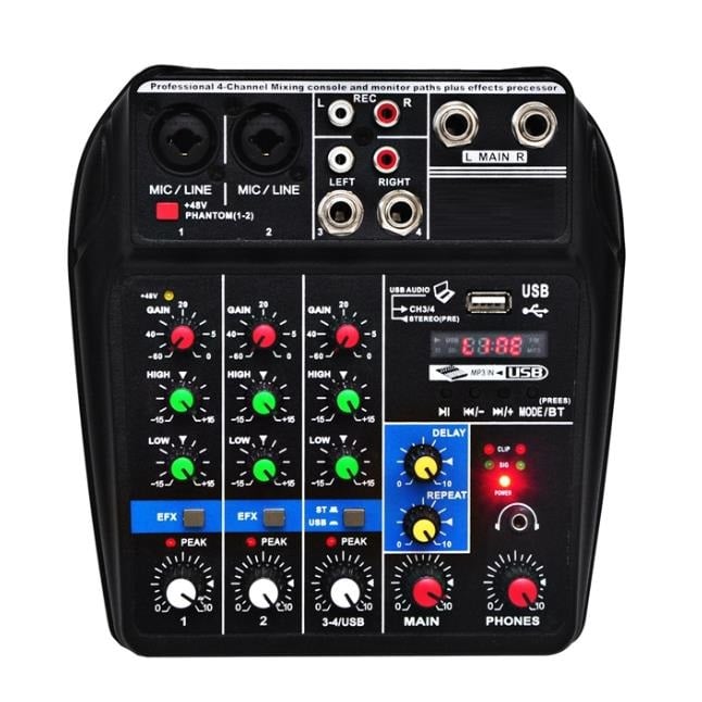 Sound Mixing Console Bluetooth USB Record Computer Playback 48V Phantom Power Delay Repaeat Effect 4 Channels USB Audio Mixer
