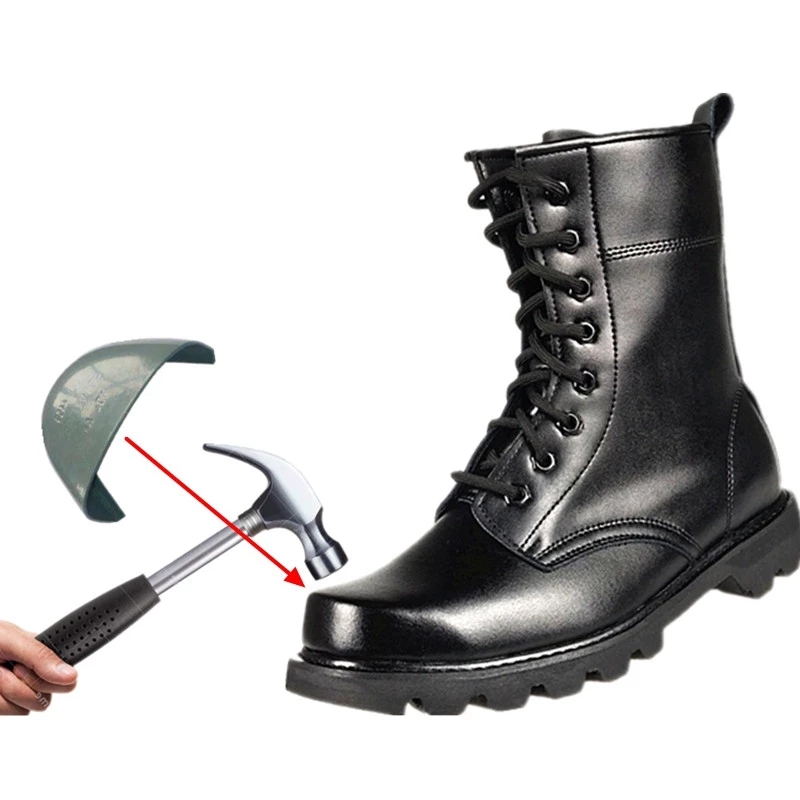 2023 Spring Men's Leather Steel Toe Laces Black Waterproof Work Boots Men's Thick Sole Biker Boots