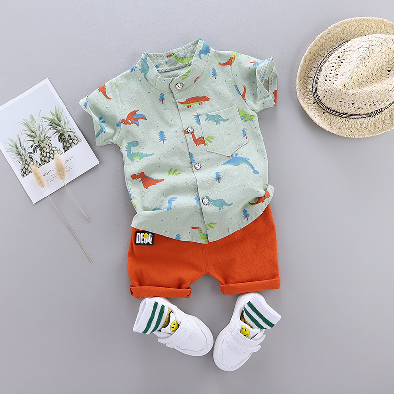 New Cartoon Dinosaur Print Short Sleeve Shirt Pants for Kid Baby Boys Clothes