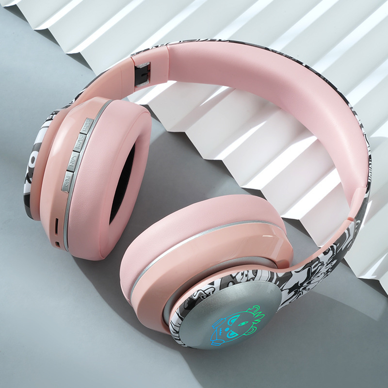 New E83 wireless bluetooth graffiti headphones with Mic bass foldable RGB lighting game music headset supports TF card