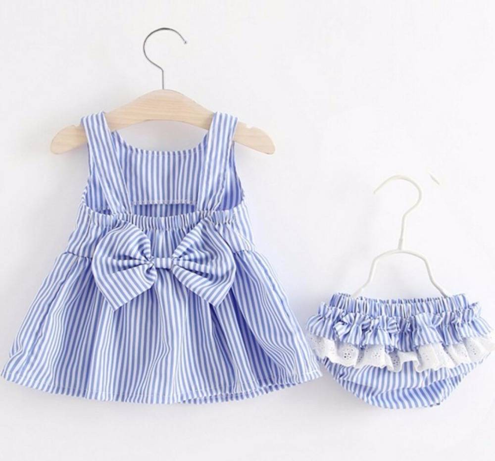 Baby Girls Newborn Dress Clothes New Cute Bowknot Striated Sleeveless Girl Dress + PP Pants infant 2pcs Clothing Sets Kids
