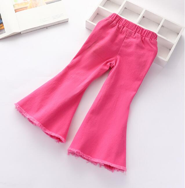 New girls' denim flared pants solid color perforated pants foreign style tight elastic children's pants