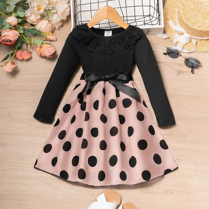 New Children'S Clothing Children'S Lace Lapel Splicing Polka Dot Long-Sleeved Princess Dress Autumn Girls' Dress