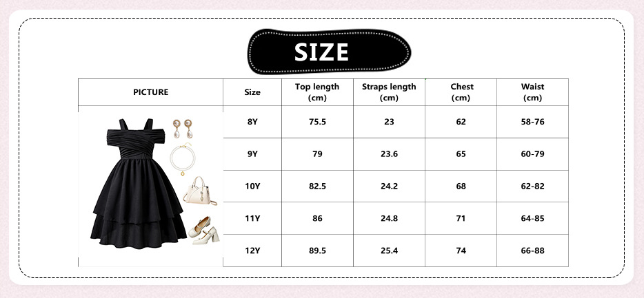 Black Dress For Kids Girls Off-the-Shoulder Tiered Sleeveless Gown Party Dating Clothes Children Clothes Summer Clothes For 8-12