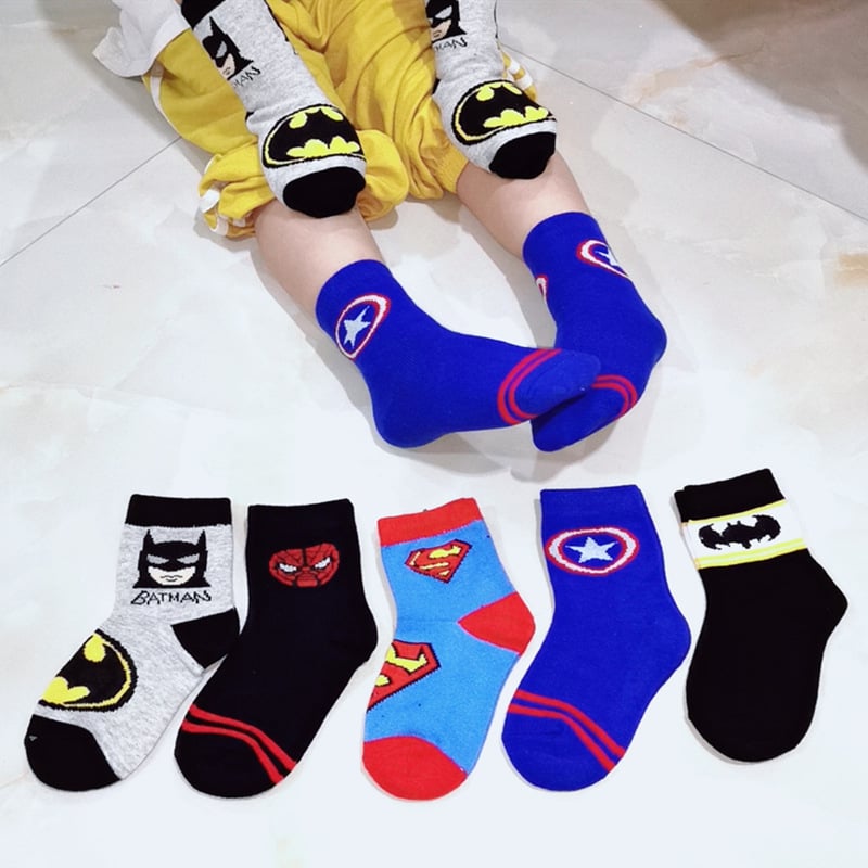 5 pairs of bat spider-man boy socks spring, autumn and summer children's socks boy big boy baby cotton socks thin cartoon