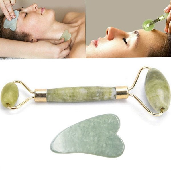 2pcs Facial Massage Jade Roller Face Neck Natural Stone Health Care Body Jade Gua Sha Board Beauty Tool Set