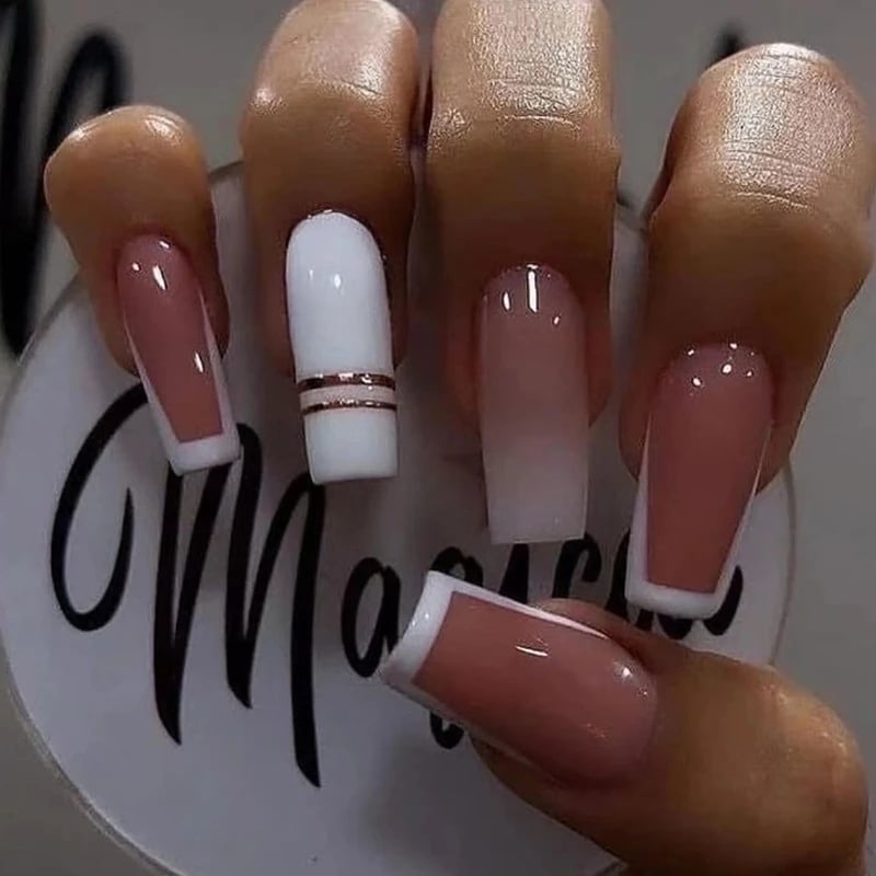 24PCS French Tip Press on Acrylic Nails with Designs Extra Long Coffin Reusable Adhesive False Nails Press-on