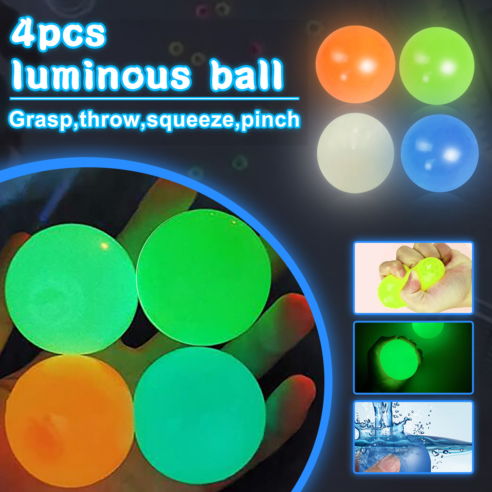 4pc Stick Wall Ball Glowing Globbles Fidget Toy Squash Xmas Sticky Target Ball Stress Ball Decompression Throw Novelty Kids Gift