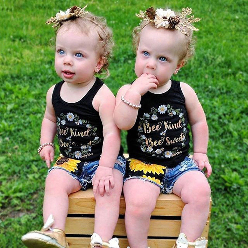 Children's clothing Toddler Kids Girls Sleeveless Flowers Printing T-shirt+Printed denim shorts Set 2Pcs