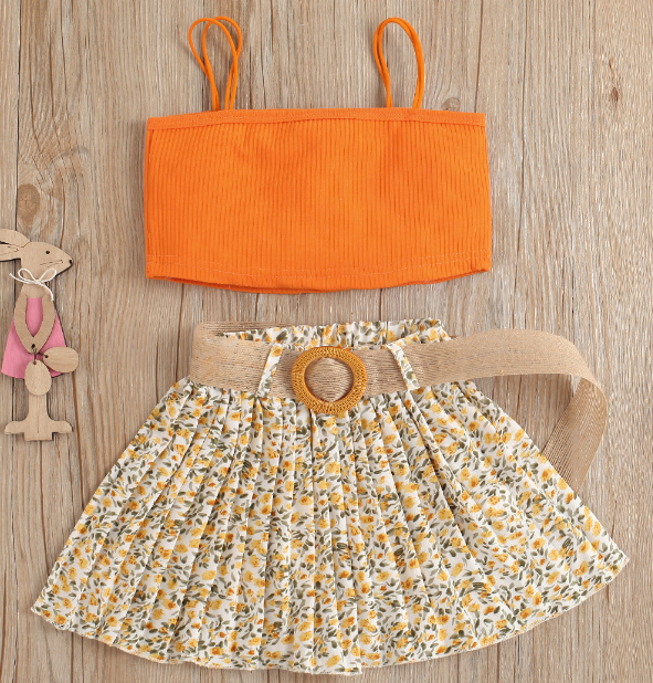 Solid color pit strap top printed pleated skirt two piece