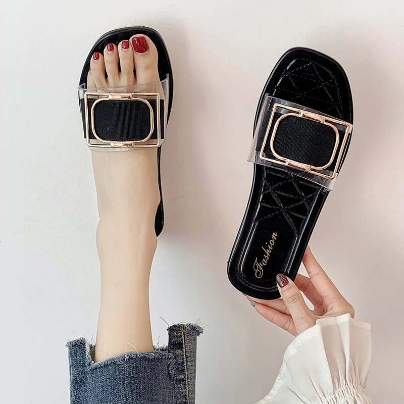 Ladies slippers summer new style square buckle fashion all-match beach shoes flip flops seaside soft-soled shoes