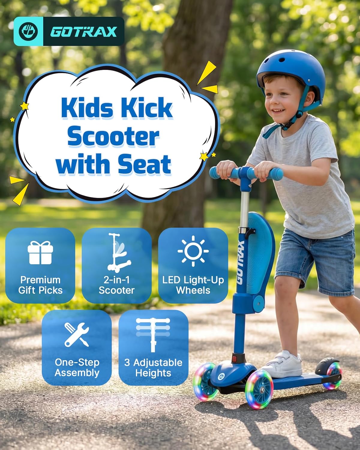 Gotrax KS3 Kids Kick Scooter, LED Lighted Wheels, Adjustable Height Handlebars and Removable Seat, Lean-to-Steer & Widen Anti-Slip Deck, 3 Wheel Scoot