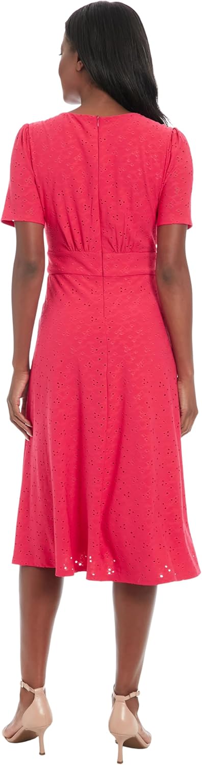 London Times Women's Women's Eyelet Midi A-line Dress with Puff Sleeves - Gathered Waist Empire Cut - Wedding Guest Dress