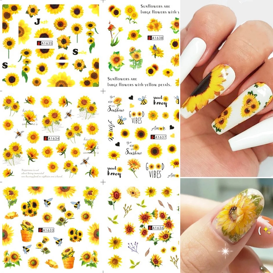 6pcs/lot Sunflower Nail Stickers Blossom Florals Nail Art Water Decals Transfer Foils Sliders Decorations for Manicure